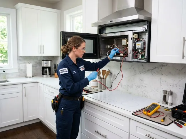 Appliance Repair Hero technician testing an over-the-range microwave in a Bella Vista, AR kitchen